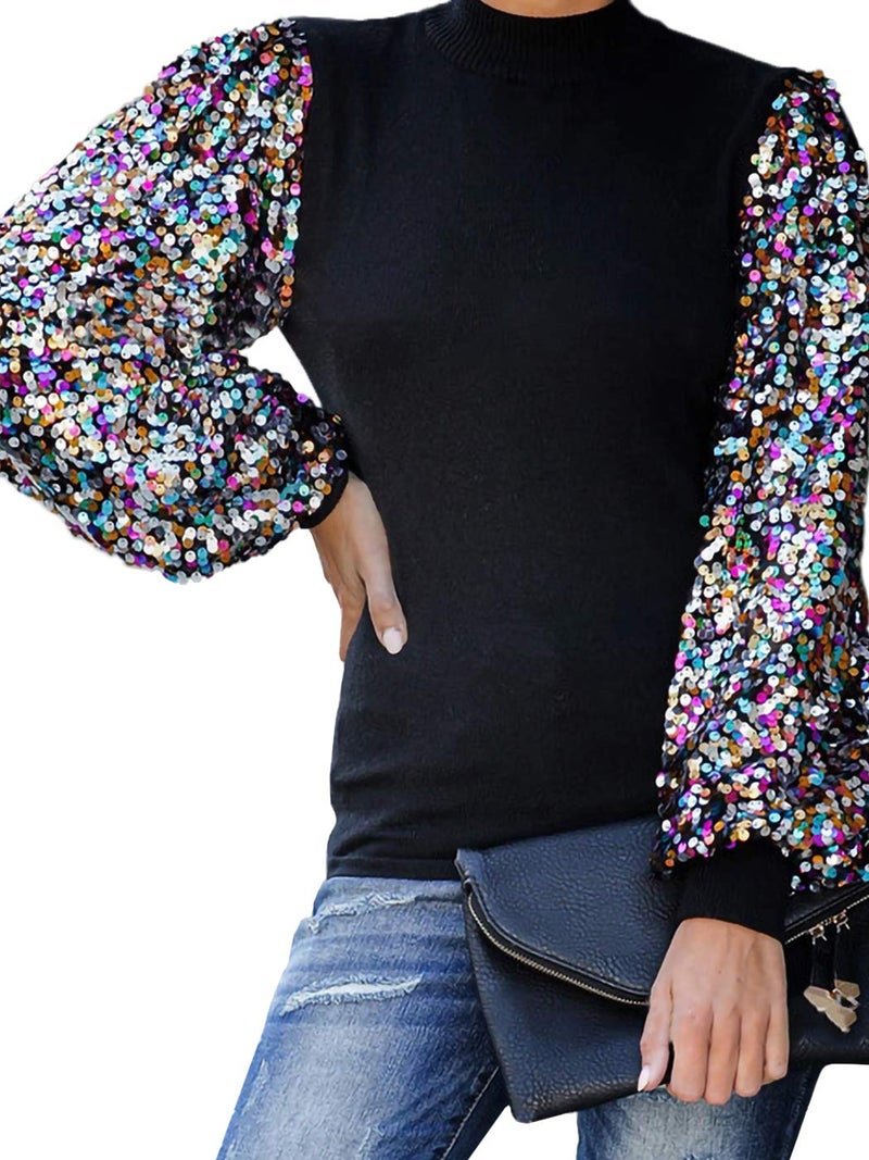 Anna-Kaci Women's Confetti Sequin Balloon Long Sleeve Mock Neck Pullover Sweatshirt, Black, Small - Image 4
